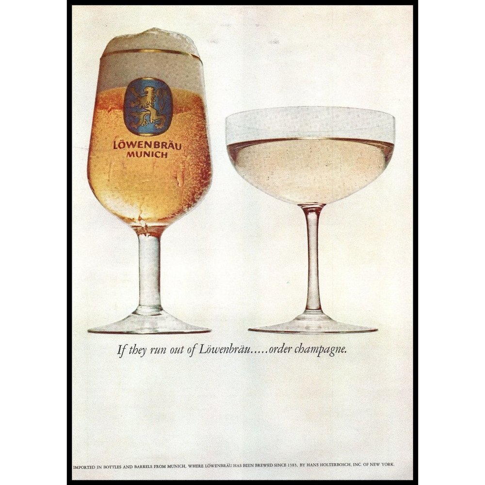 1971 Lowenbrau Beer Vintage Print Ad Champagne Glass Munich Germany Wall Art